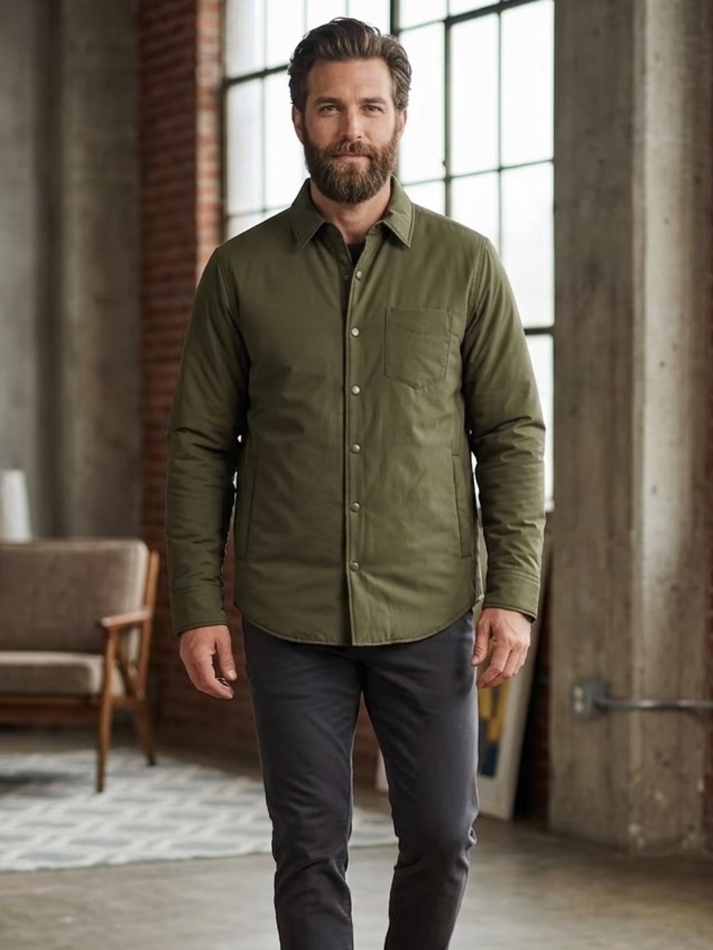 Bonobos Lightweight Shirt Jacket quilted lining olive green slim fit men’s large